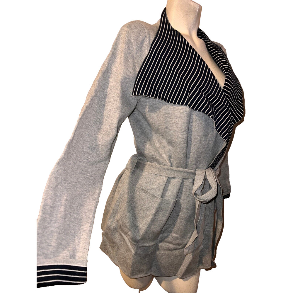 New Ann Taylor LOFT Jacket Size M Gray Cotton Blend Belted LS Blazer Cardigan - Picture 3 of 7